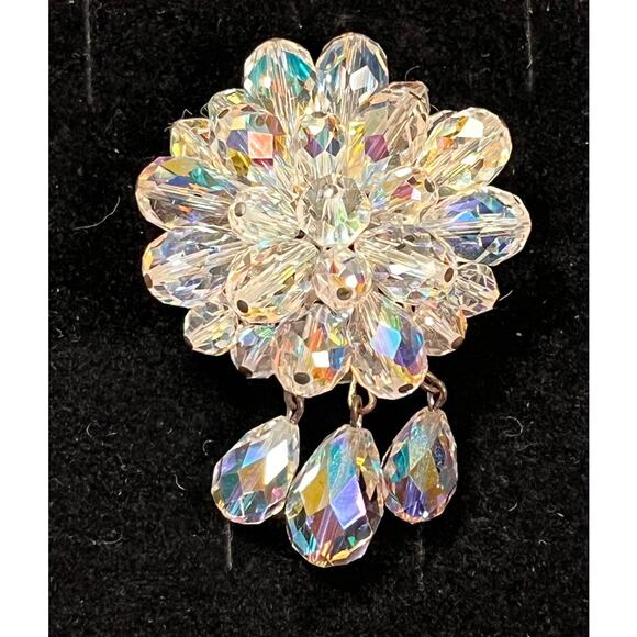 Vintage AB Crystal Brooch Dangling Drops Silver Tone Mid-Century Sparkle Pin - Picture 1 of 6